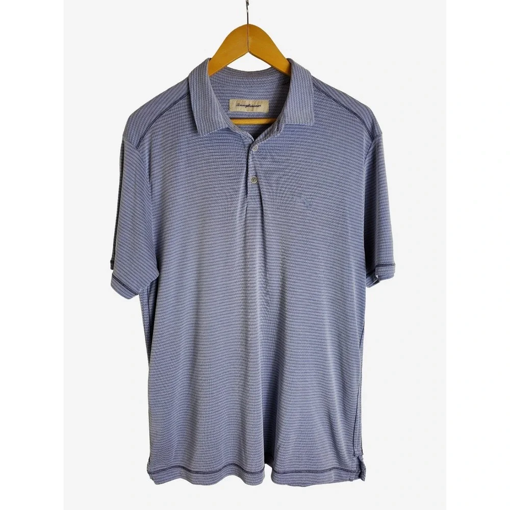 Tommy Bahama Polo Shirt Men's Medium Blue Striped Modal Blend Short Sleeve Casua